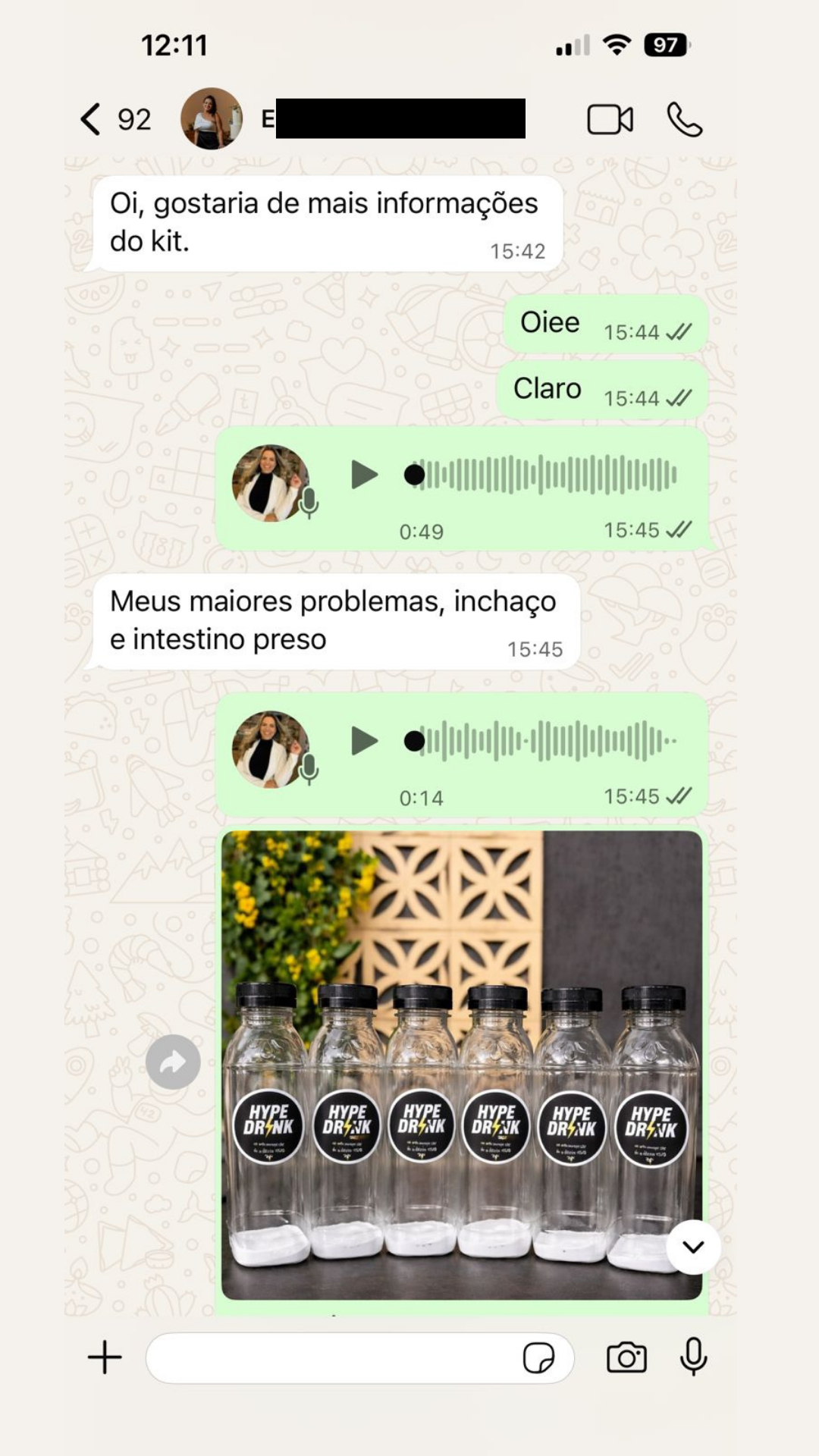 Conversa sobre pedido do Projeto Reset pelo WhatsApp
